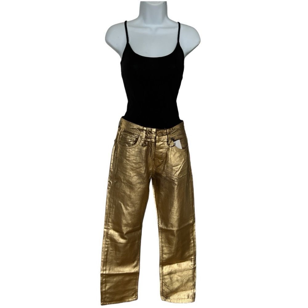 STRADIVARIUS Straight Fit Pants Jeans Coated In Gold Color Cotton Size 2.